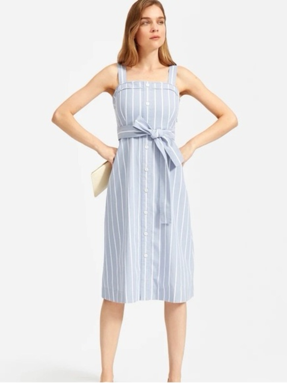 Everlane Blue and White Striped Tie-Waist Midi Dress